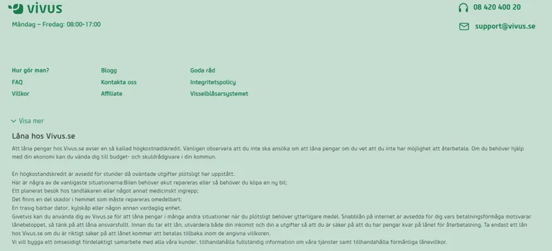 Vivus villkor och kostnader